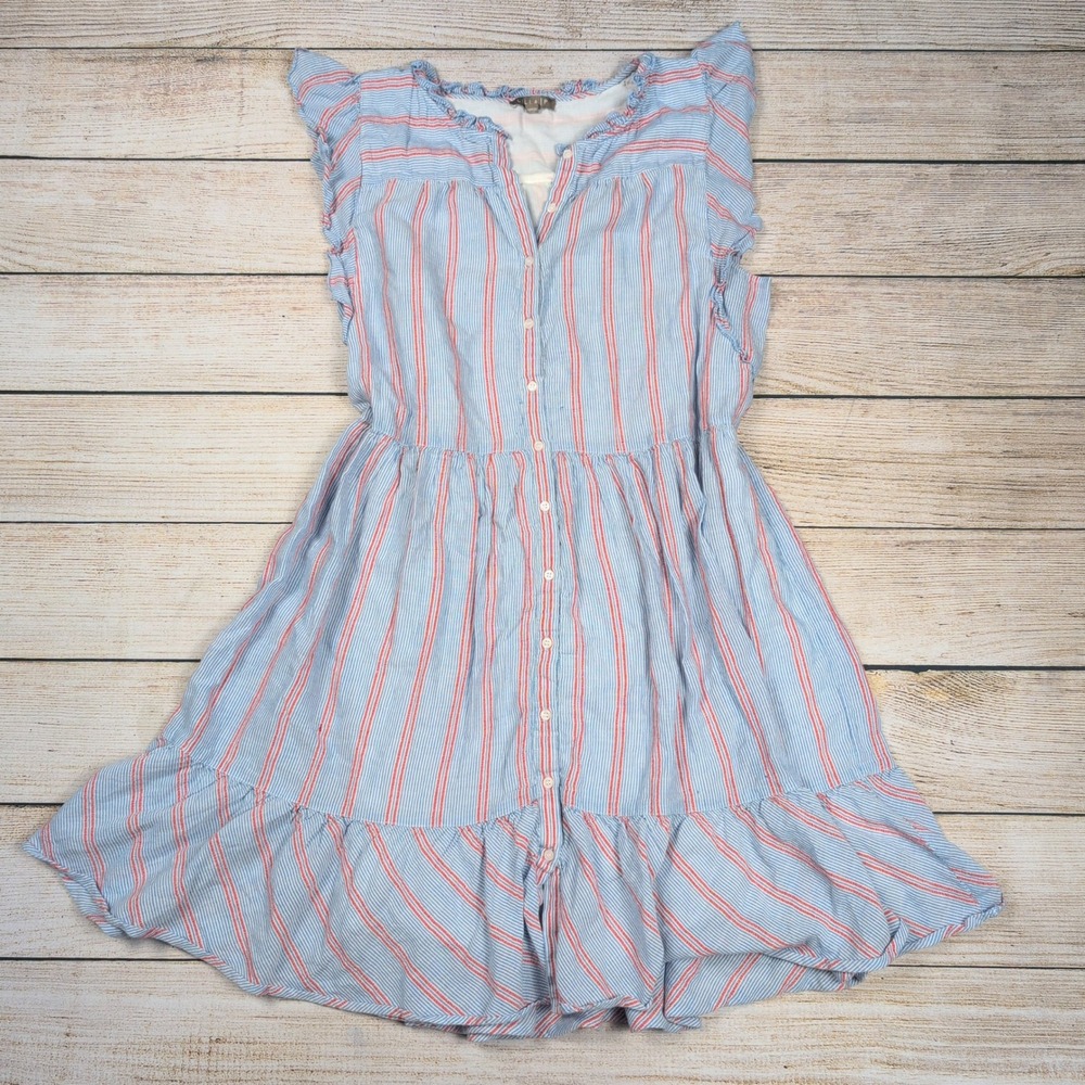 Lilla P Women's‎ Striped Ruffle Sleeveless Button Down Dress - Blue Red Casual M